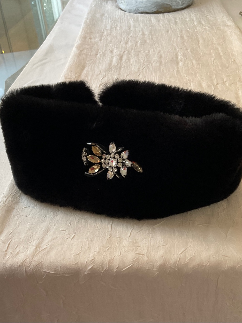 Kenzie Black Faux Fur Headband with Crystal Embellishment